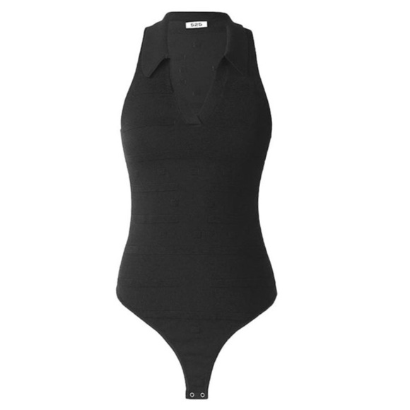 525 AMERICA TONAL JACQUARD POLO BODYSUIT BLACK COLLARED THONG BODYSUIT SMALL - Picture 2 of 8